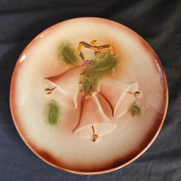 Vintage Christmas Plates 9" Set of 2 Candlesticks Bells Pottery Decor - Picture 2 of 7